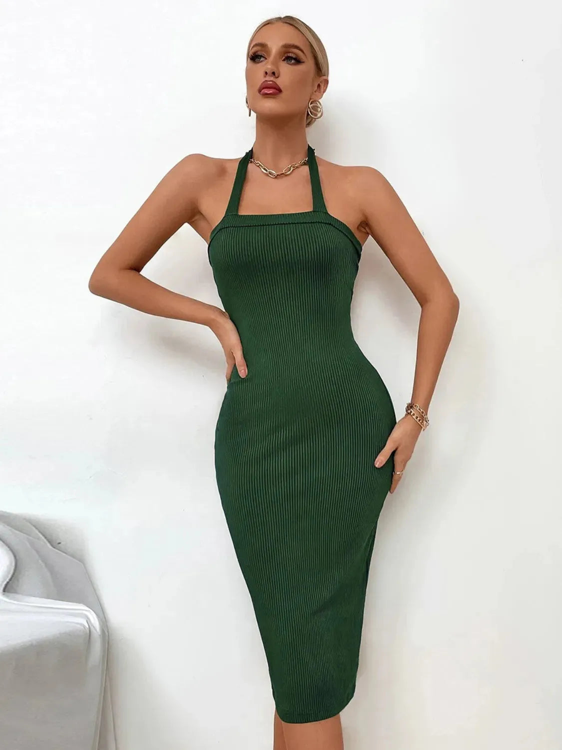 Ribbed Halter Neck Wrap Dress Green Cocktail Dresses - Tophatter Daily Deals
